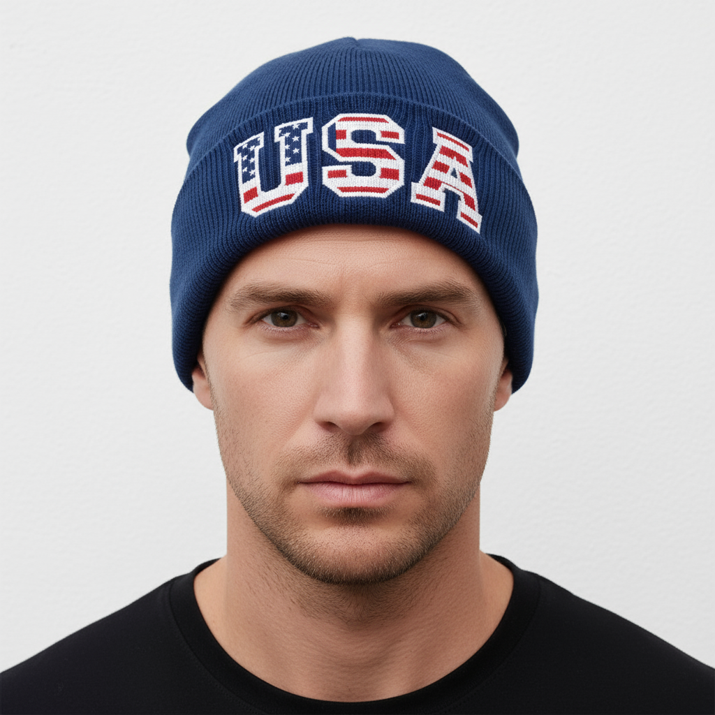 Mens Blue USA Beanie Hat