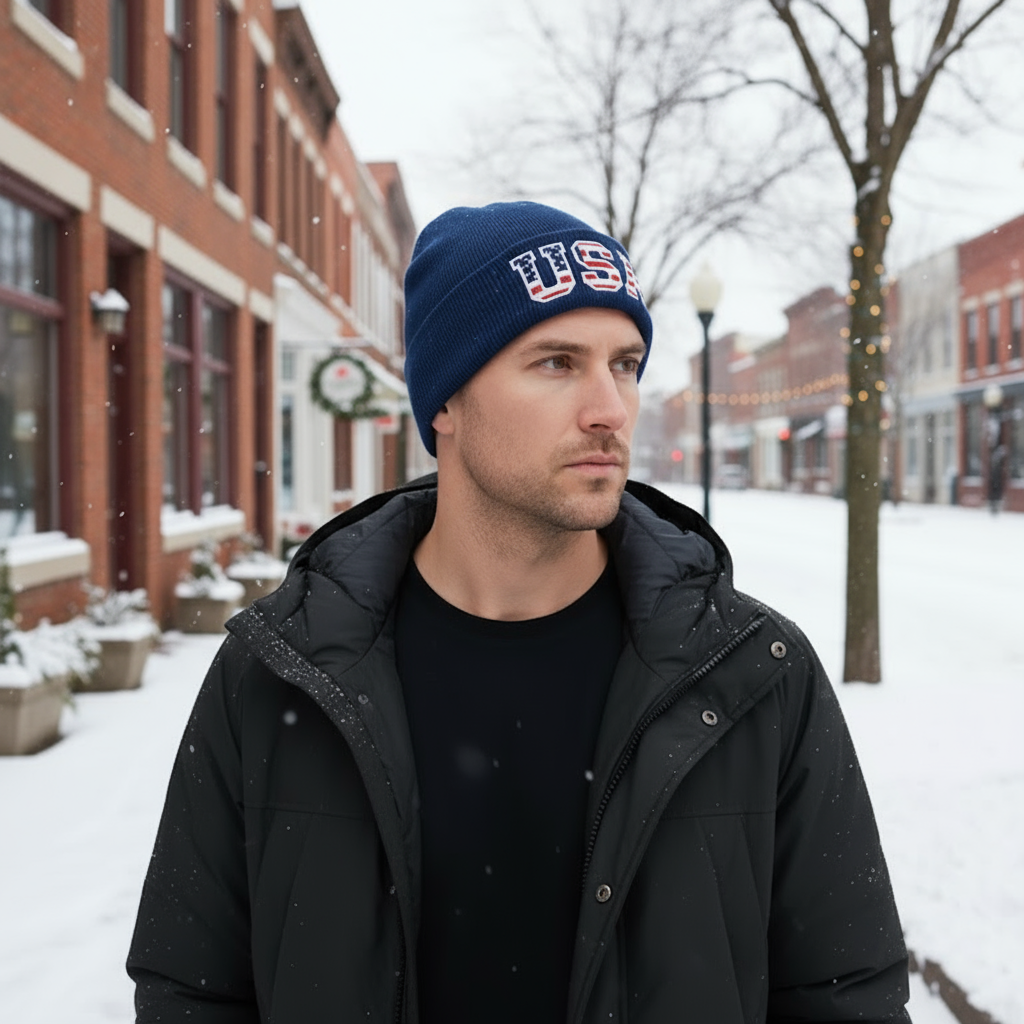 Mens Blue USA Beanie Hat